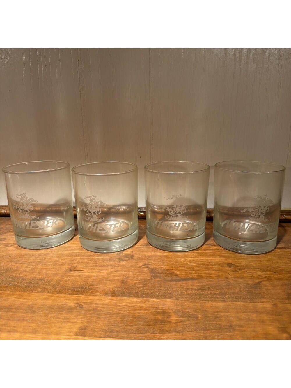 4 Vtg Winchester Firearms Ammo Etched Whiskey On the Rocks Clear Glasses Rare *